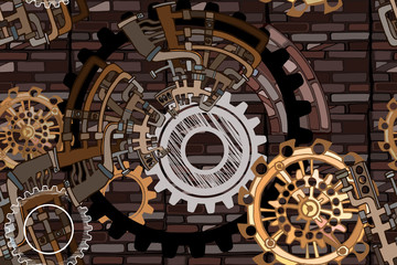 Vector seamless pattern. Abstract industrial background with fictional gearwheels and details of machines illustrating retro technology or steampunk concept. Hand drawn.