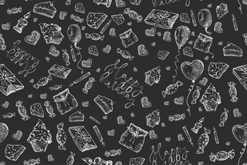 Happy Birthday seamless pattern background. Doodles Birthday sets, party blowouts, party hats, gift boxes and bows. vector illustration chalk texture isolated on black background.