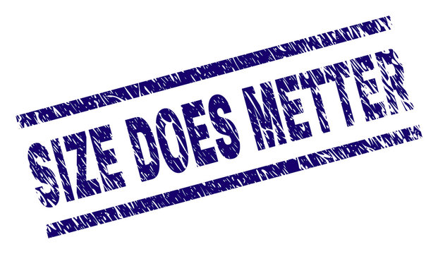 SIZE DOES METTER seal print with distress style. Blue vector rubber print of SIZE DOES METTER text with grunge texture. Text caption is placed between parallel lines.