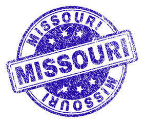 MISSOURI stamp seal watermark with grunge effect. Designed with rounded rectangles and circles. Blue vector rubber print of MISSOURI title with grunge texture.