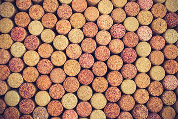 Wine corks background horizontal.Top view with copy space