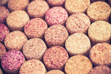 Wine corks background horizontal.Top view with copy space