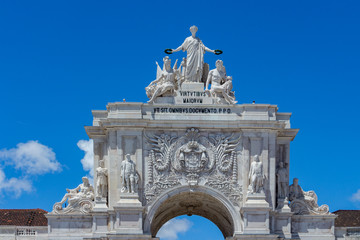 Fototapeta na wymiar The arch of Augusta Rua, the triumphal arch connecting the Commerce Square to the Augusta Street, an historical building in Lisbon, Portugal.