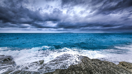 Stormy weather on the adriatic sea with big vawes in Mali Losinj croatia