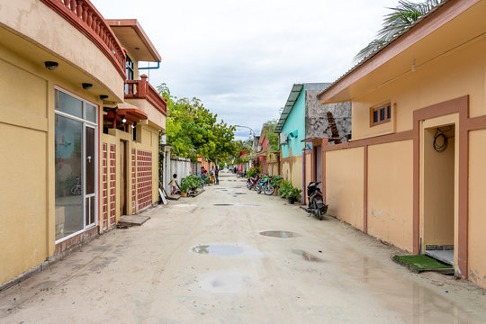 Maafushi, Maldives - November 29, 2018: Street view of Maafushi. Maafushi Island is one of the biggest islands in Maldives.