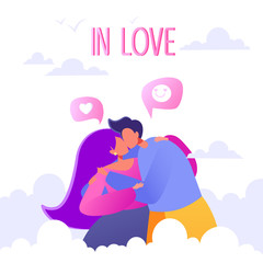 Romantic vector illustration on love story theme. Happy flat people character on the seventh heaven. Soaring in the clouds. Couples in love, they embrace and kiss. Concept on Valentine Day theme.