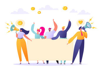 Flat people holding in hands empty banners. Two characters announce with Megaphone. Happy flat people characters with advertising, blank, billboards, presentation, announcement.