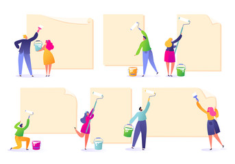 Set of male and female characters holding paint rollers and glue ads.  Happy flat people characters with advertising, blank, billboards, presentation, announcement. Flat, cartoon, trendy illustration.