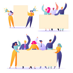 Flat people holding in hands empty banners. Happy flat people characters with advertising, blank, billboards, presentation, announcement. Flat, cartoon, trendy, vector illustration.