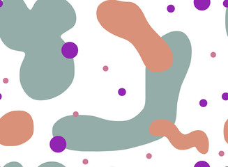 Cute hand drawn vector seamless pattern. Grey, brown spots and purple circles isolated on white background. Unique abstract texture for invitations, cards, websites, wrapping paper, textile