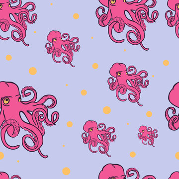 Cartoon style vector illustration of pink octopus. Unique abstract texture for invitations, cards, websites, wrapping paper, textile. Colorful art with yellow circles isolated on blue background