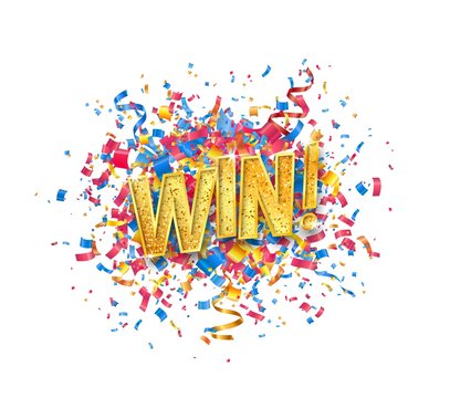 Isolated vector Win golden word and colorful confetti on white background. EPS 10