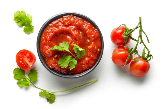 Bowl Of Mexican Salsa Sauce Isolated On White Background, Top View