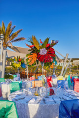 Festive served sea view terrace restaurant for corporate banquet or wedding