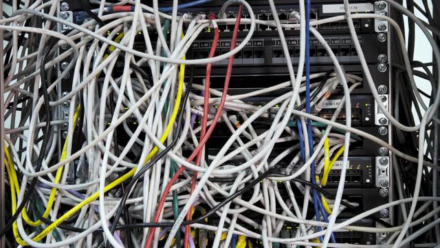 Back Side Of Modern Working Data Center Servers With Cables - Cloud Service And E-Commerce, Upload And Download Server With Cables And Flashing LED Lights 