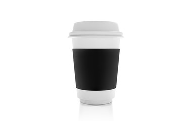 Realistic White Paper coffee Cup. Cafe Latte, Cappuccino Cup. Black Paper Lable Coffee Mock Up Isolated on wihite background.
