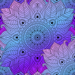 Seamless pattern, vector background with gradient floral mandala. Gypsy, ethnic boho design, Indian or Arabic motifs, arabesque.