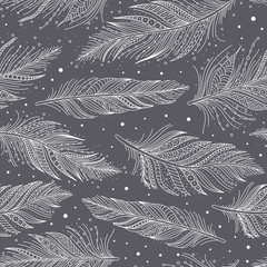 Gray and white feathers seamless pattern,hand drawn art, boho style, vector background.
