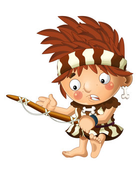 recommend clip art: cartoon scene with happy caveman barbarian warrior fisherman on white background illustration for children