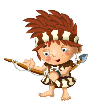recommend clip art: cartoon scene with happy caveman barbarian warrior fisherman with spear on white background illustration for children