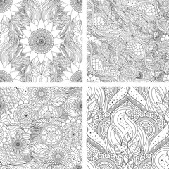 Set of tribal vintage floral ethnic seamless patterns with mandalas. Black and white oriental Asian Indian boho design. Vector background., countour outline art for coloring book, fabric, textile.