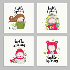 Set of invitations cards, posters, with cartoon characters, children in cute beanies and hand drawn lettering - hello spring. Leaves and flowers. Vector illustrations.