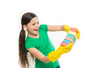 A minimum effort on cleaning the house. Small housekeeper holding dish sponges in rubber gloves. Cleaning and washing up. Small housemaid ready for household help. Cute kitchen maid. Household duties