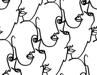 Faces, modern, seamless pattern in line drawing, black and white