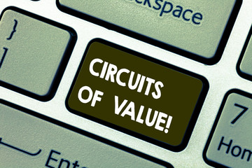 Writing note showing Circuits Of Value. Business photo showcasing system is being designed with central goal using offchain Keyboard key Intention to create computer message pressing keypad idea