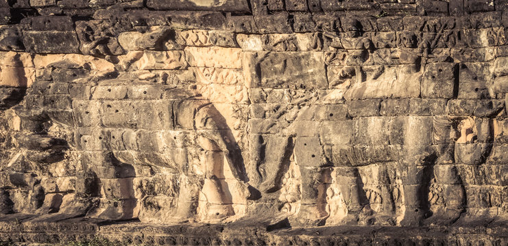 Bas-relief at Terrace of the Elephants . Siem Reap. Cambodia. Panorama