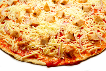 Raw Pizza Toppings of Chicken and Red Onion with Cheese