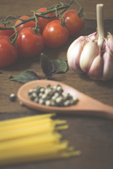 Italian food cooking ingredients. Pasta, vegetables, spices