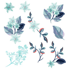 Collection of vector flowers in watercolor style blue color