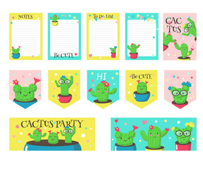 Vector set of cards with cute funny cactuses and quotes