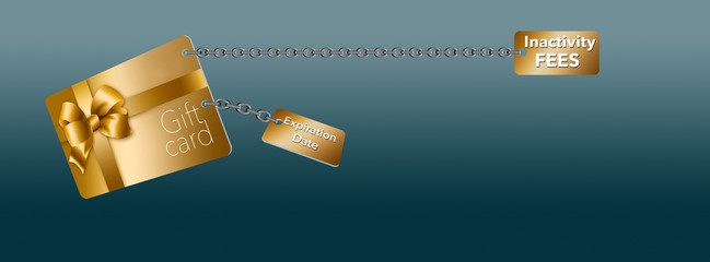 A gold retail gift card is seen with tags attached with chains. The tag represent problems with gift cards...expiration dates and inactivity fee with monthly penalties.