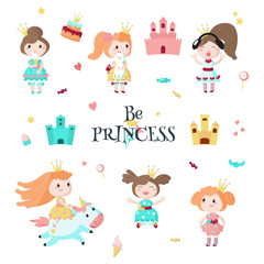 Beautiful princess icon set, vector isolated illustration