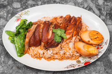 Stewed pork leg on rice with boiled egg, Traditional food in Thailand.