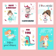 Vector set of cards with medieval knight, princess, dragon and quotes
