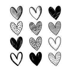 Set of hand drawn style heart. Icon design for valentines and wedding. Illustration isolated on white background.
