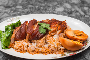 Stewed pork leg on rice with boiled egg, Traditional food in Thailand.