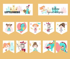 Fototapeta na wymiar Vector set of cards with medieval knight, princess, dragon and quotes