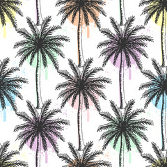 Fototapeta na wymiar Hand drawn palm trees seamless pattern with colorful paint splatters.