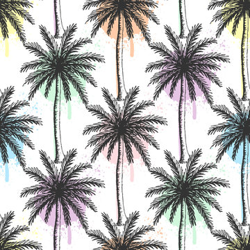 Hand drawn palm trees seamless pattern with colorful paint splatters.