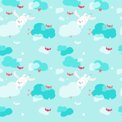 Vector seamless pattern with cute flying rabbits