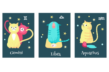 Vector set of cat astrology zodiac sign cards