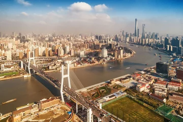 Papier peint photo autocollant rond Pont de Nanpu Shanghai Nanpu Bridge over Huangpu River