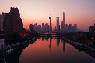 Shanghai city sunrise aerial view with Pudong business district