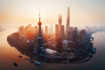 Deurstickers Shanghai Shanghai city sunrise aerial view with Pudong business district