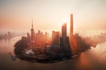 Gardinen Shanghai city sunrise aerial view with Pudong business district © rabbit75_fot