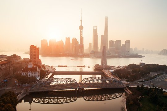 Shanghai City Sunrise Aerial View With Pudong Business District